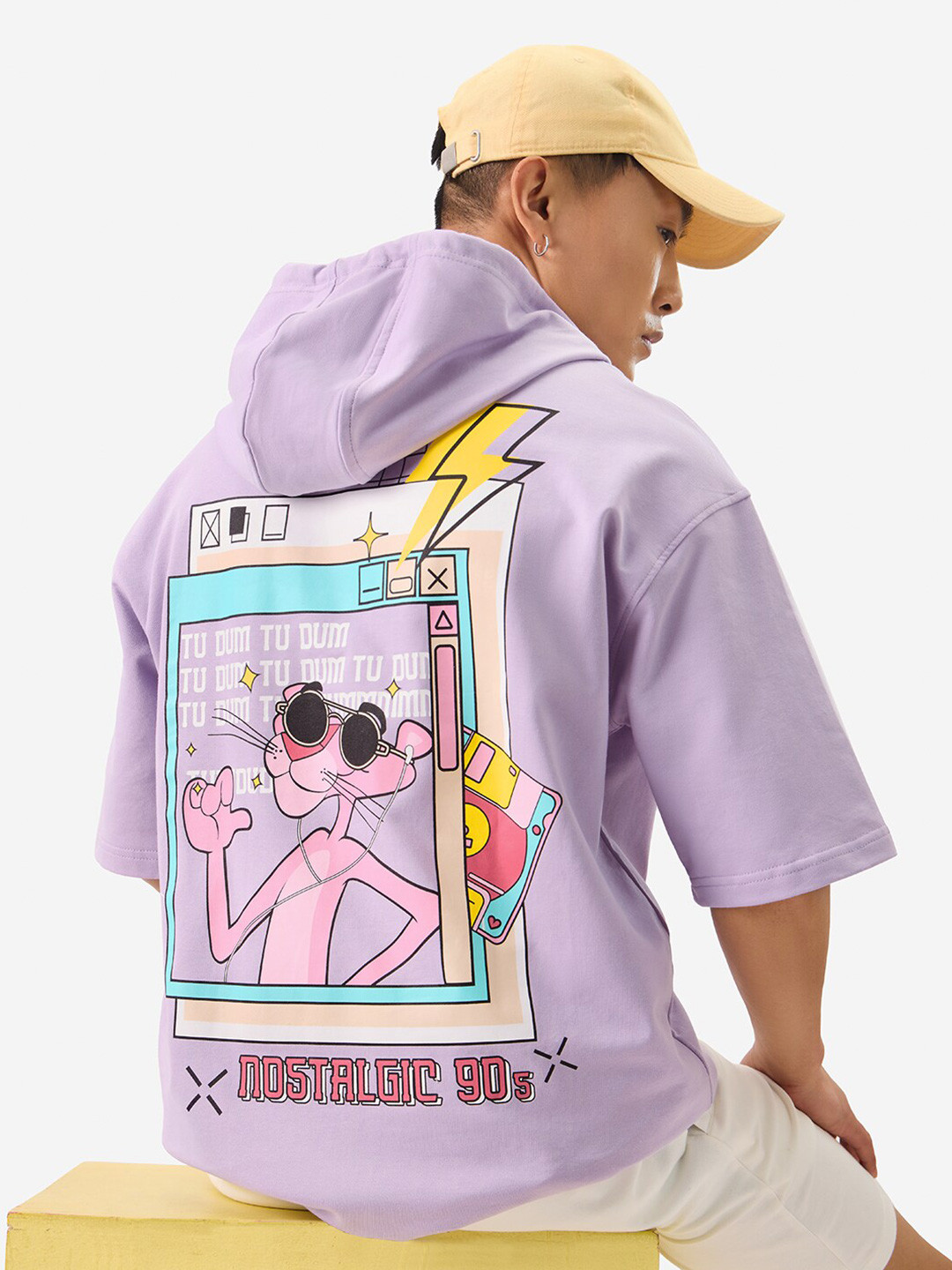 The Souled Store Pink Panther Printed Hooded Oversized Cotton T-shirt