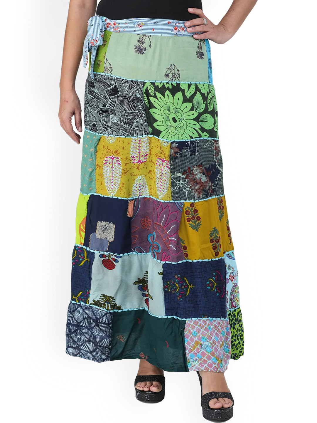 Exotic India Blue Elixir Pure Cotton Printed Patch Work Long Boho Wrap-On Long Skirt