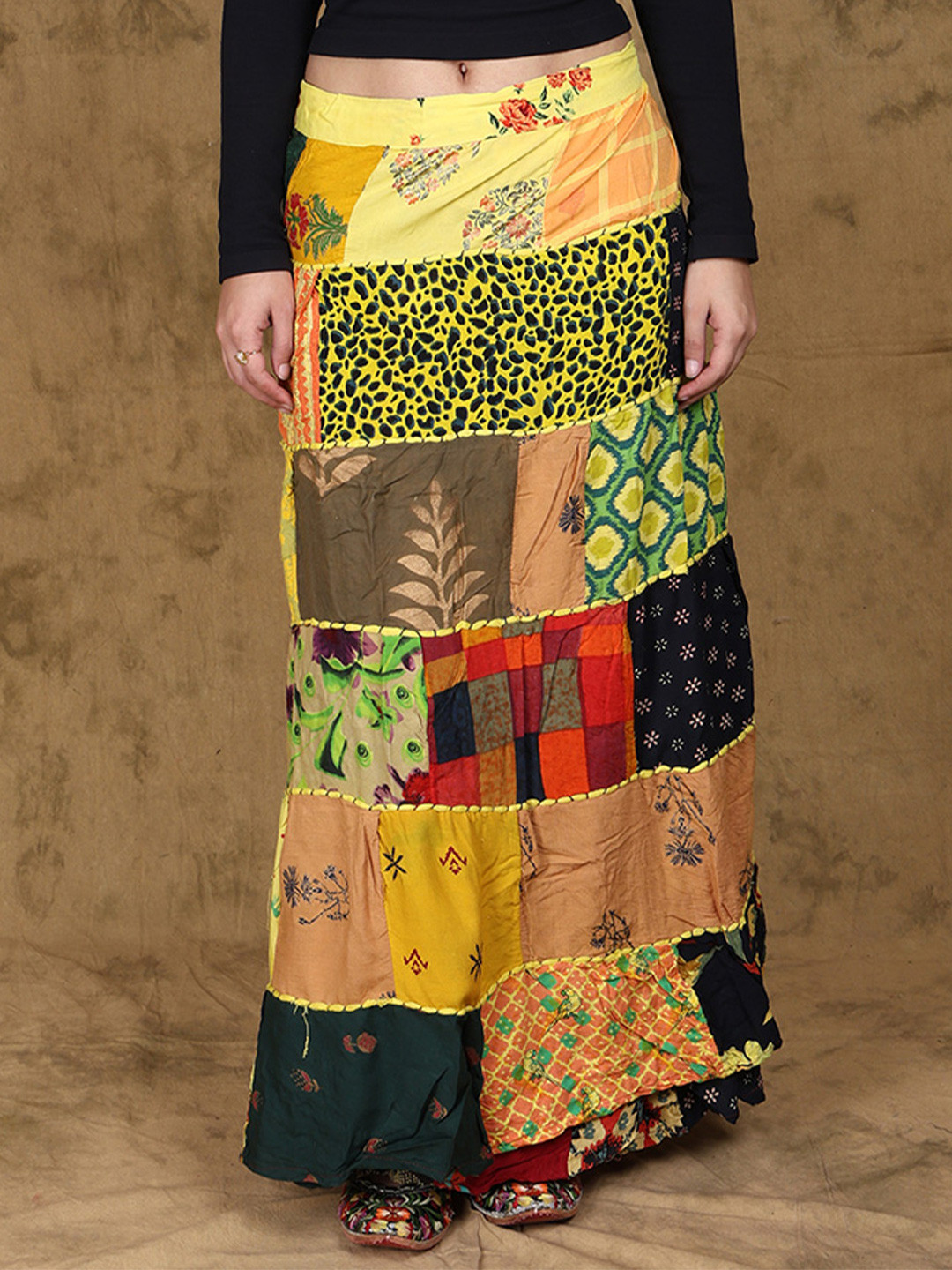 Exotic India Patch Work Printed Boho Wrap-On Long Skirt