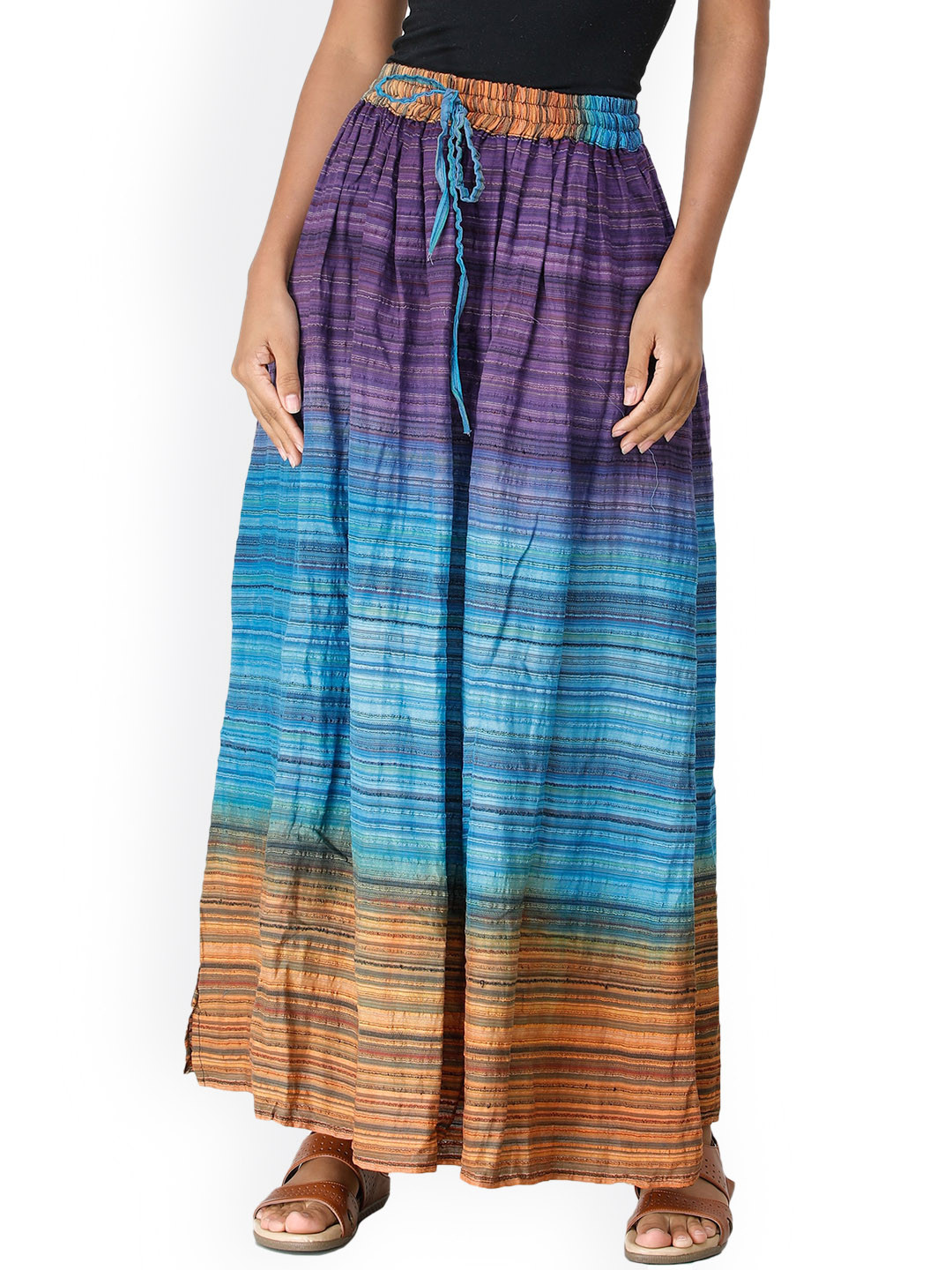 Exotic India Pure Cotton Long Summer Skirt with Stripes Woven in Multi-Color Thread
