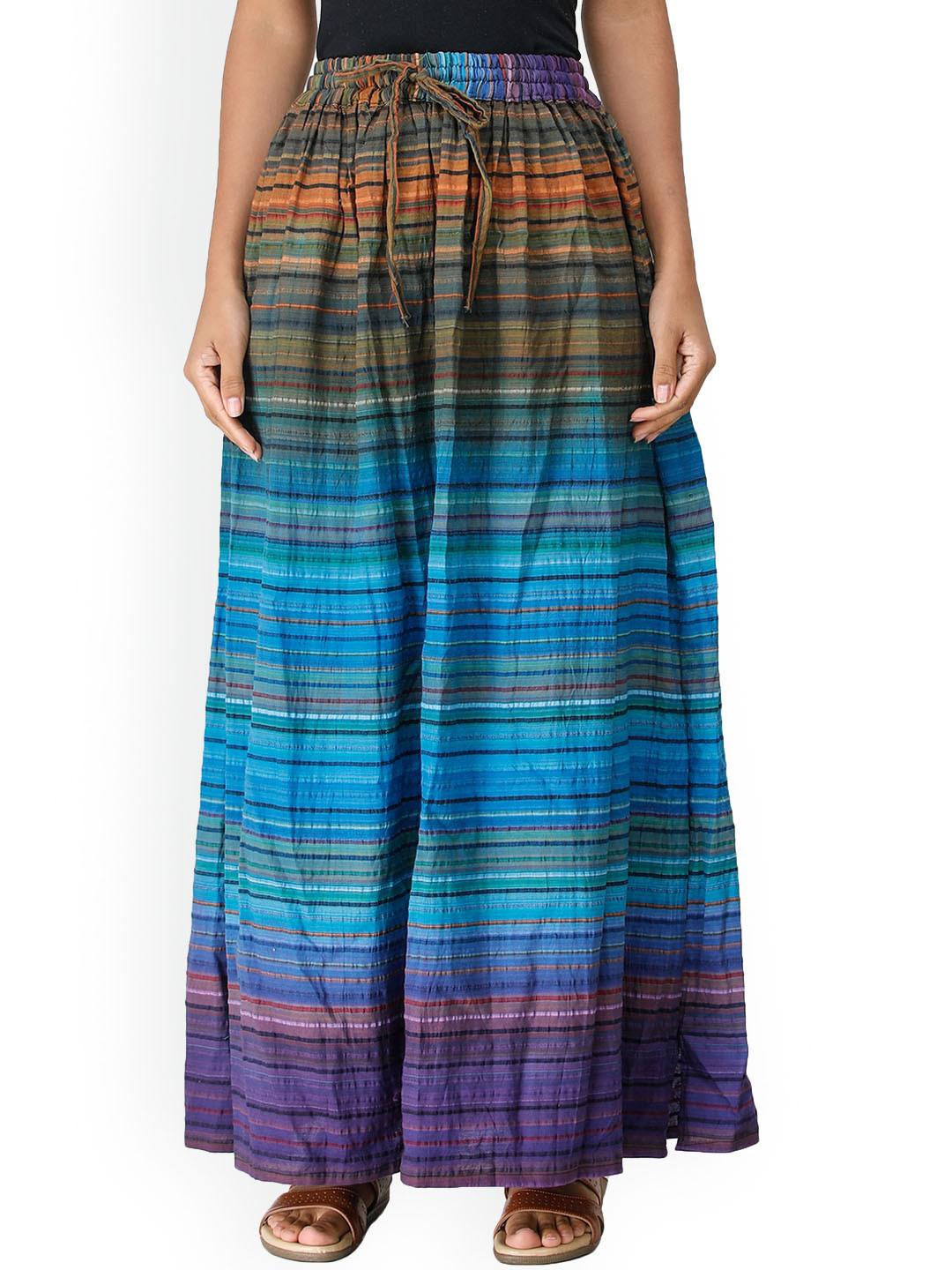 Exotic India Pure Cotton Long Summer Skirt with Stripes Woven in Multi-Color Thread