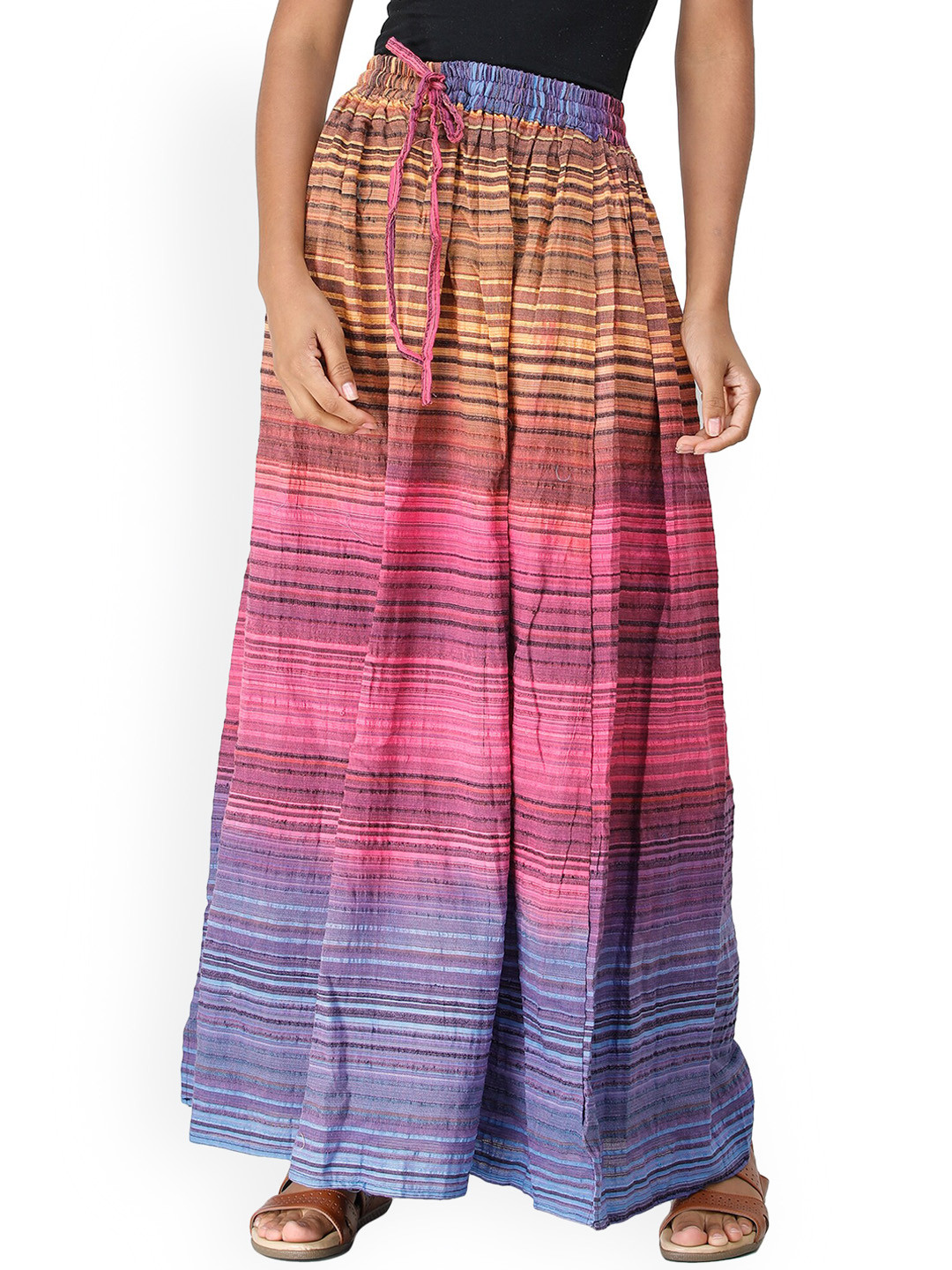 Exotic India Pure Cotton Long Summer Skirt with Stripes Woven in Multi-Color Thread
