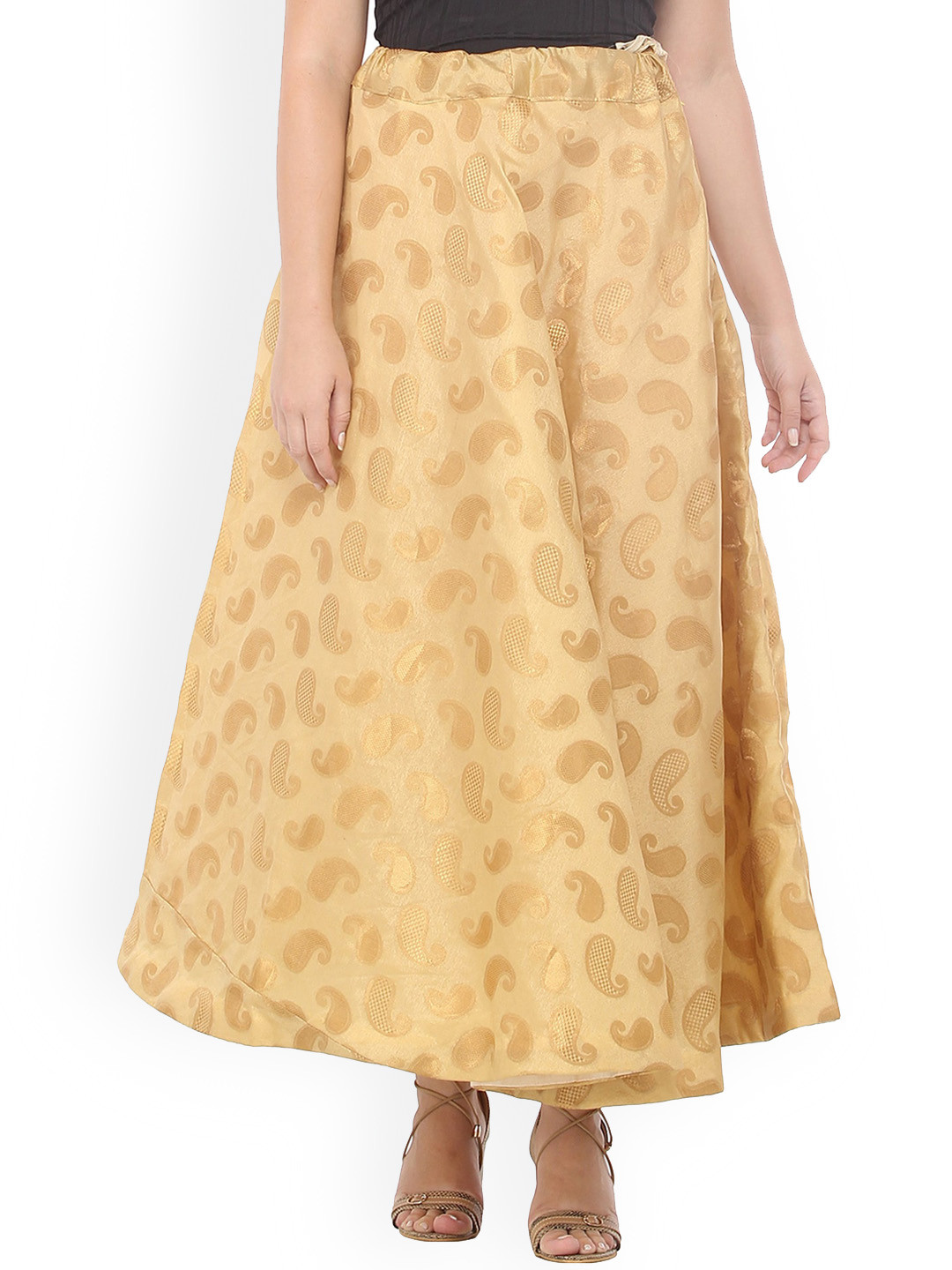 Exotic India Moccasin Zari Woven Golden Paisleys Long Lehenga Skirt and Drawstring Waist