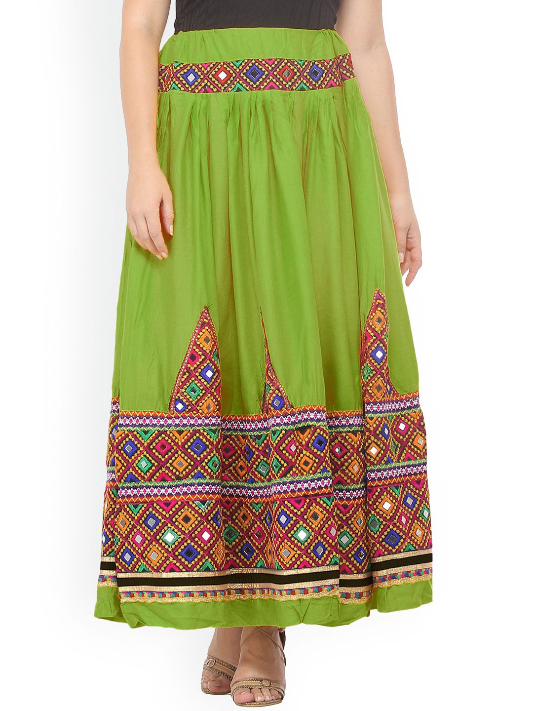 Exotic India Kiwi Green Ghagra Kutch Skirt with Multi Thread Embroidered Patch and Mirrors