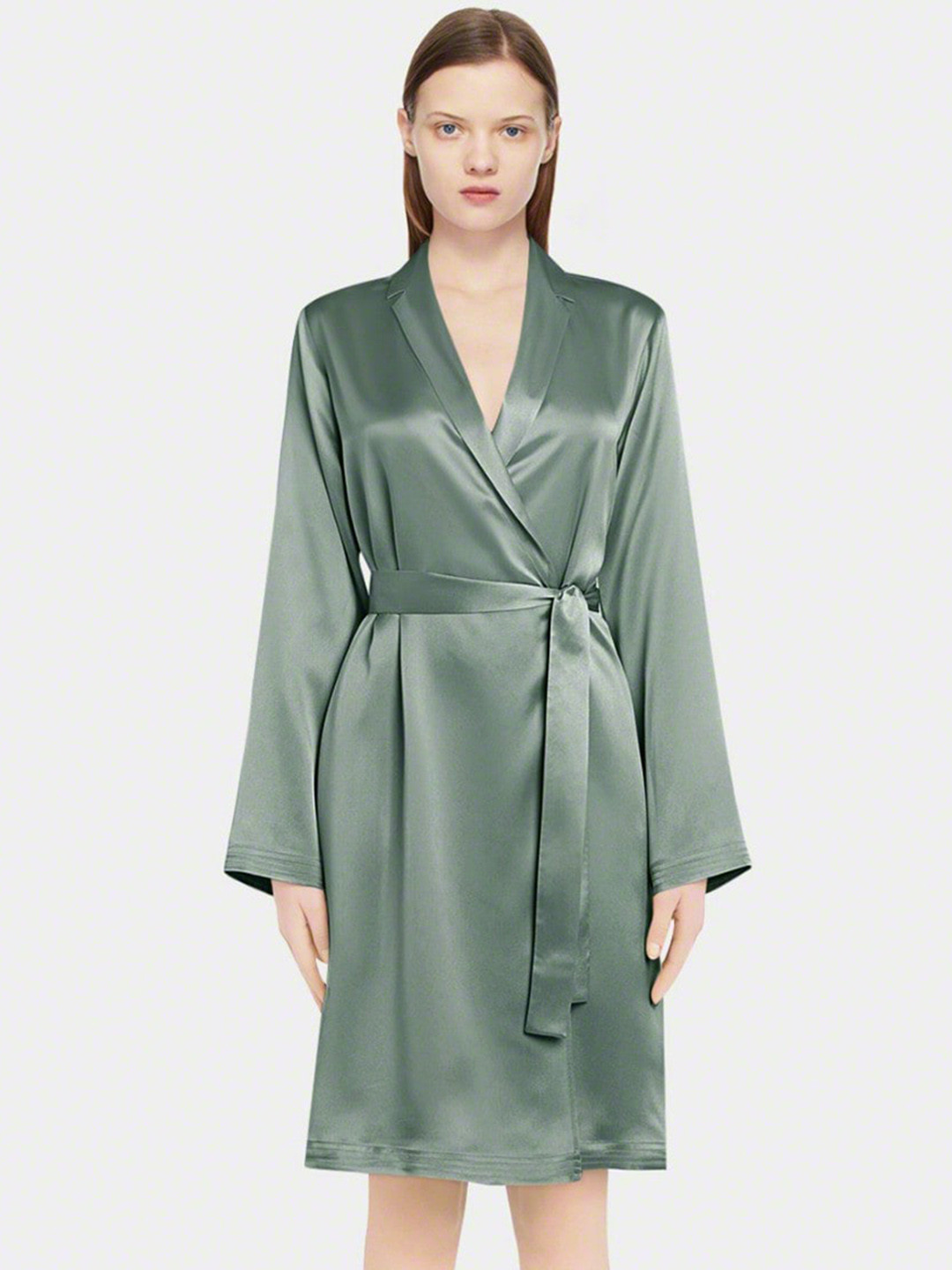 Bella Babe by SK Notched Lapel Collar Satin Robe With Belt