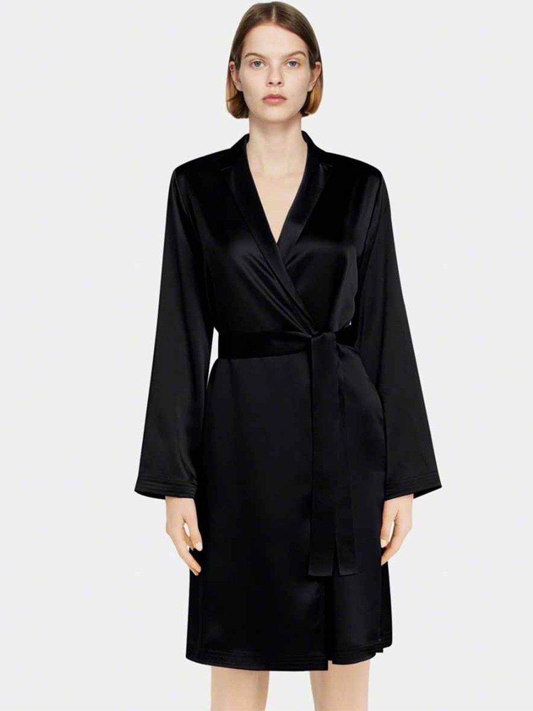 Bella Babe by SK Satin Long Sleeved Short Robe With Belt