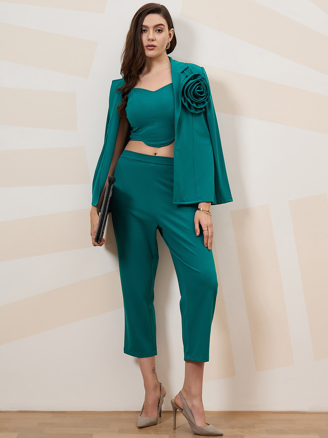Shally Bhasin by Athena Shoulder Straps Crop Top & Trousers With Blazer