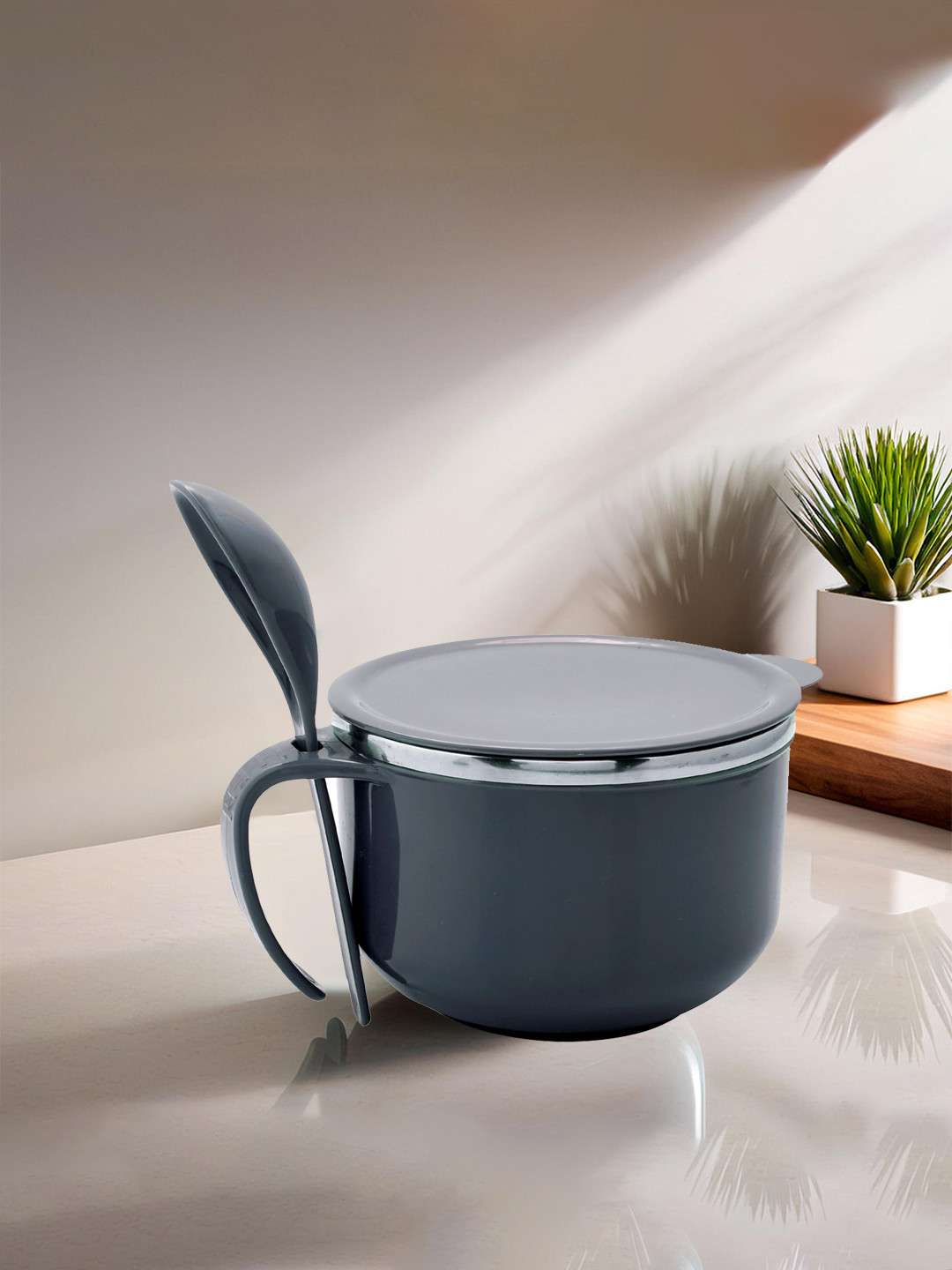 Kuber Industries Grey Noodle Bowl With Spoon 600 ml