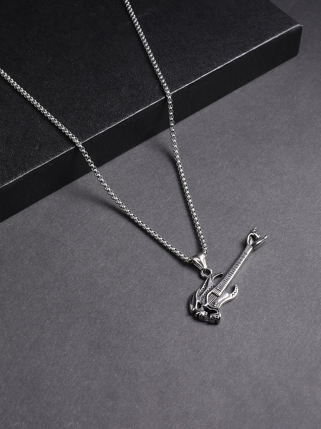 French Accent Silver-Plated Guitar-Shaped Pendant With Chain