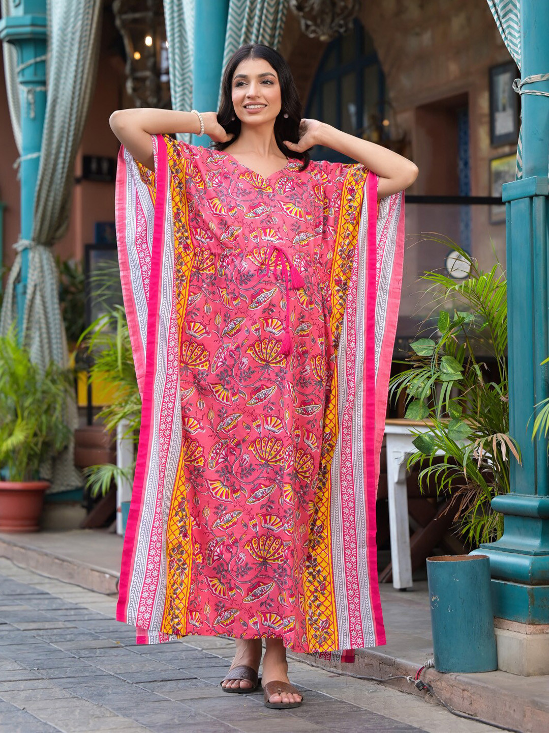 Aujjessa Floral Print Cotton V-Neck Kimono Sleeves Maternity Maxi Dress