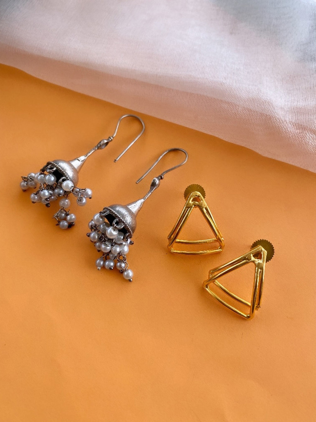 ATIBELLE Set Of 2 German Silver Plated Jhumkas & Studs Earrings