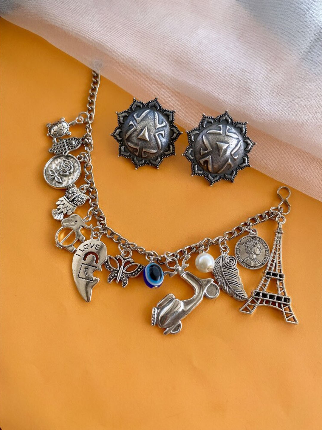 ATIBELLE Silver Plated Stones Studded & Beaded Bracelet & Earrings Jewellery Set