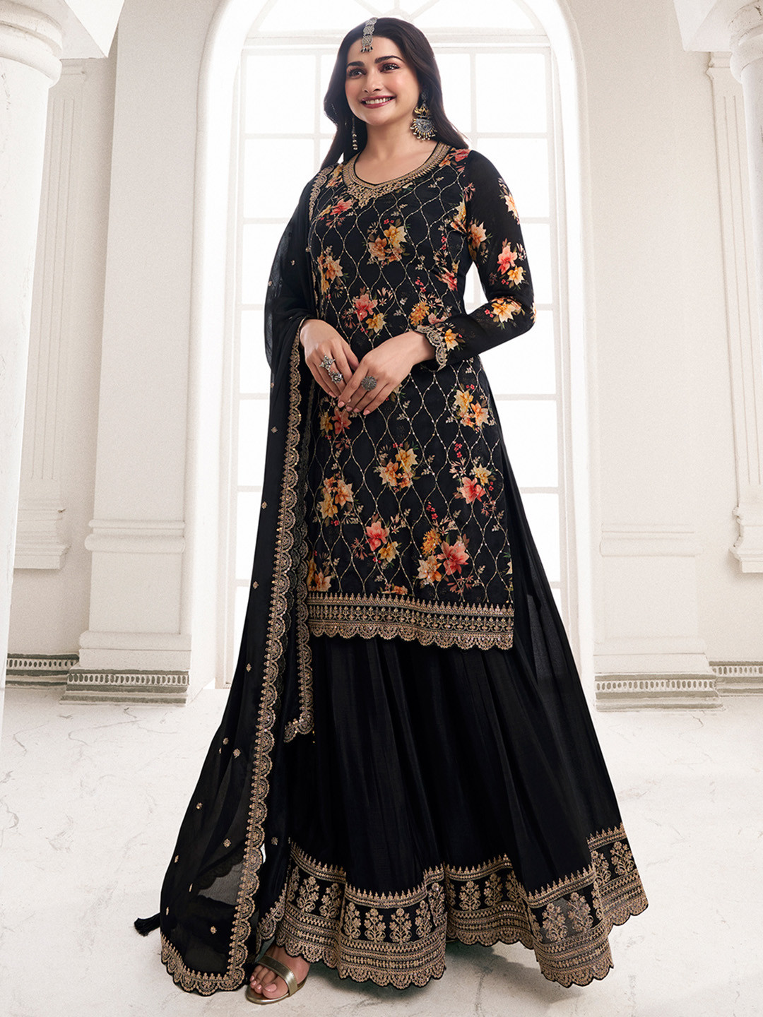 Seerat Round Neck Long Sleeves Ethnic Printed Silk Chiffon Kurti with Sharara & Dupatta