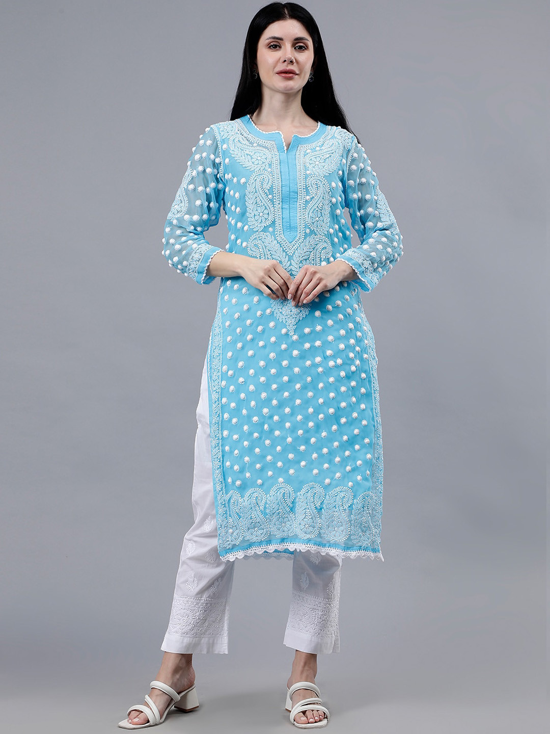 Seva Chikan Round Neck Ethnic Motifs Embroidered Georgette Straight Kurta