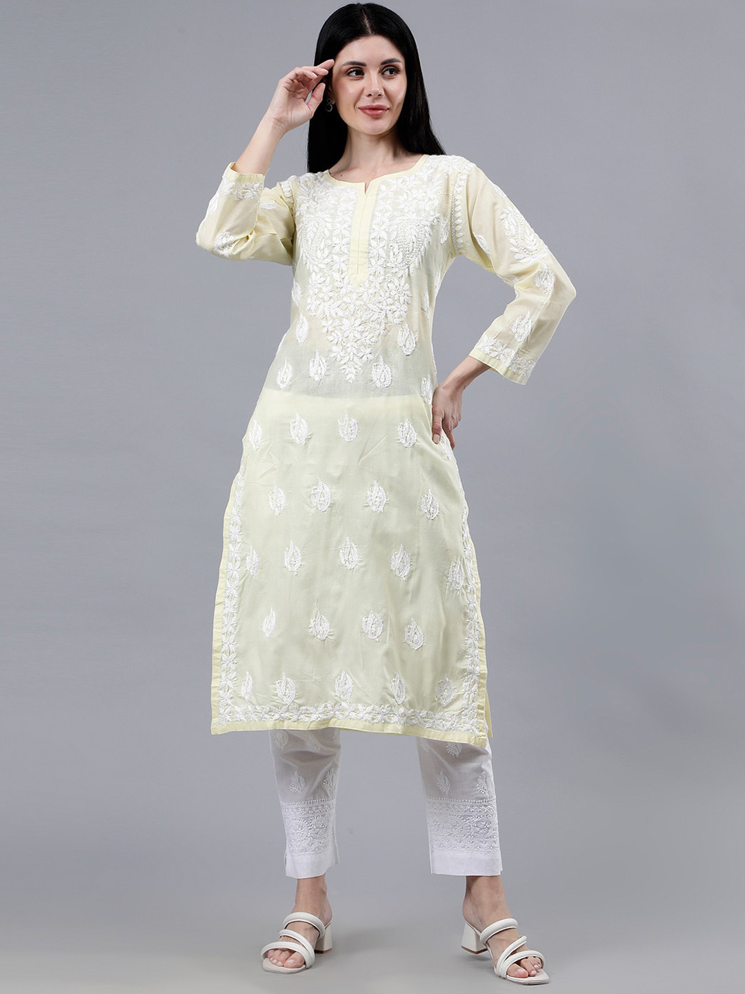Seva Chikan Ethnic Motifs Yoke Design Cotton Lucknowi Chikankari Straight Kurta