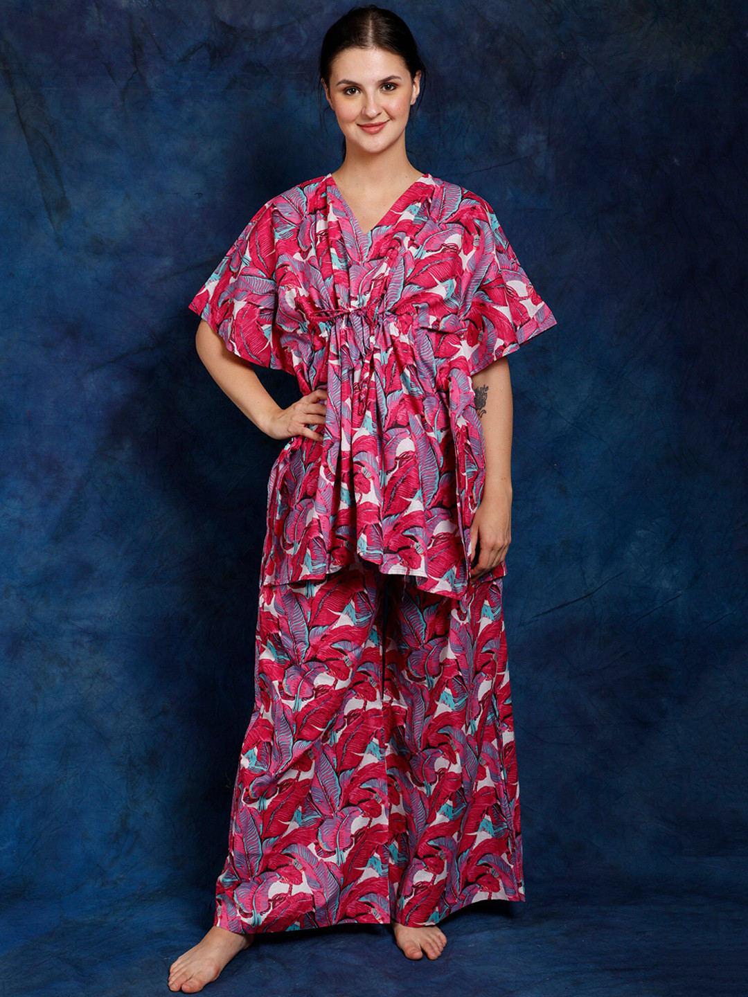 Exotic India Carmine Pure Cotton Kaftan Style Co-Ord Set with All-Over Leaf Print