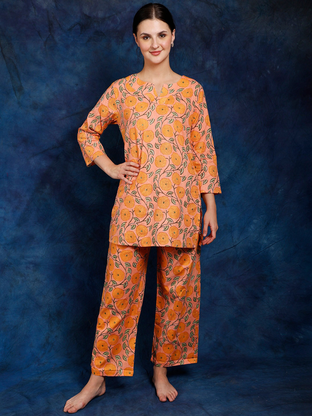 Exotic India Peach Nectar Pure Cotton Floral Vines Printed Night Suit for Comfort Wear