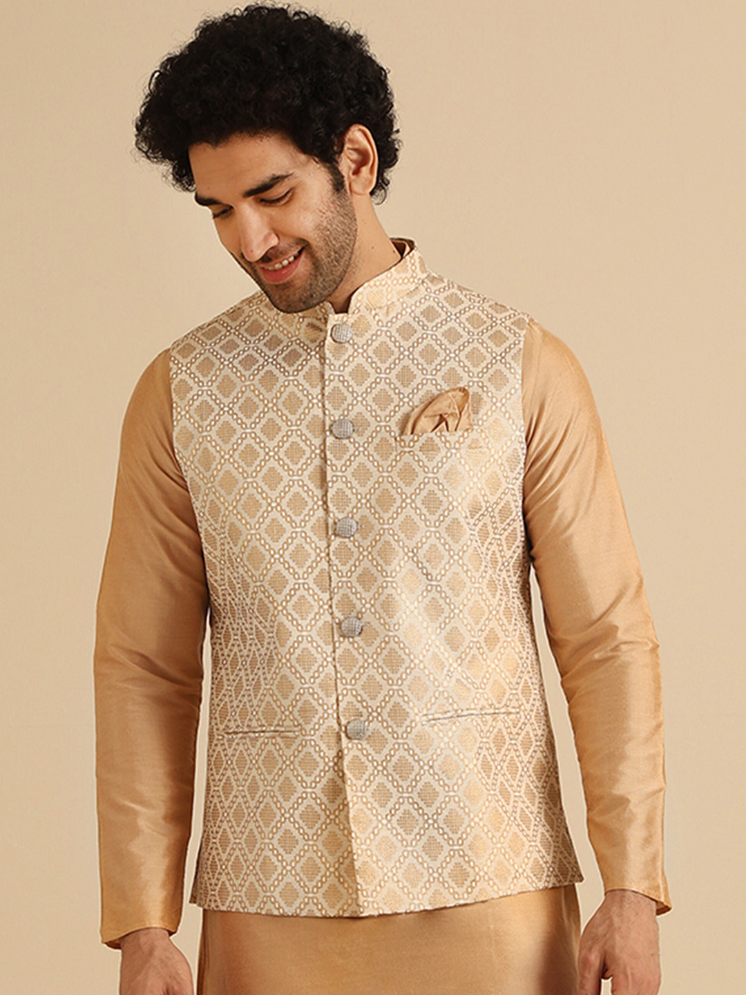 KISAH White Pure Cotton Printed Nehru Jacket