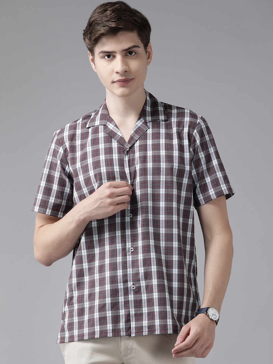 English Navy Men Relaxed Checked Cuban Collar Casual Shirt