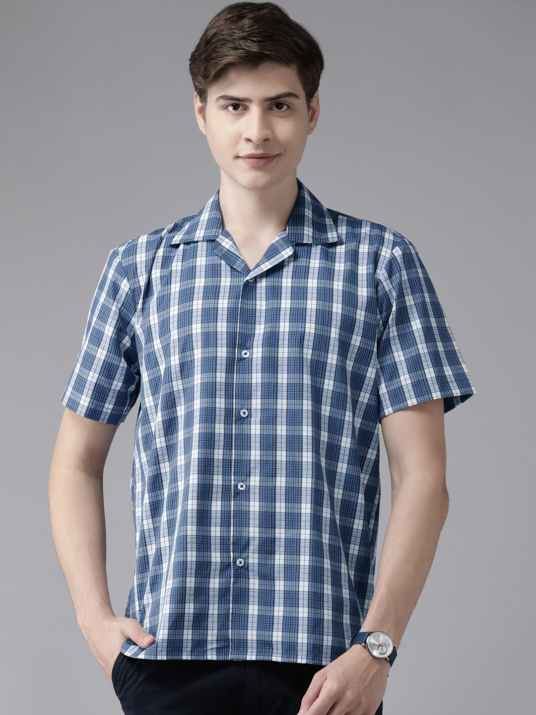 English Navy Men Relaxed Checked Cuban Collar Casual Shirt