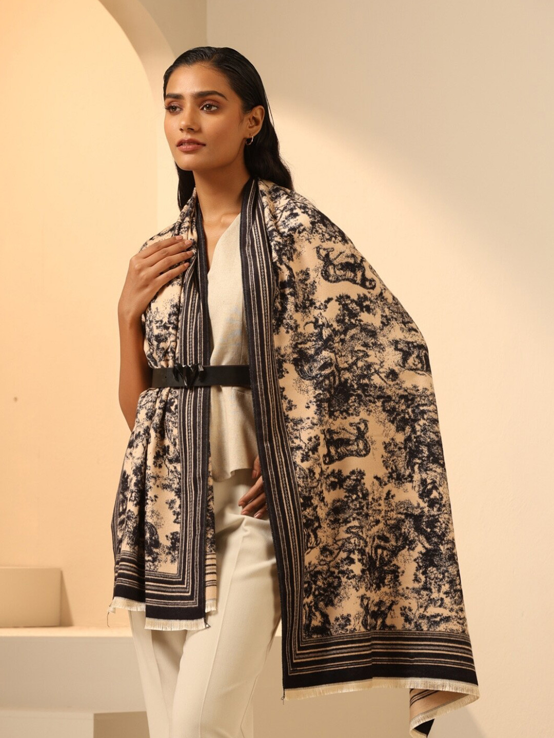DUSALA INDIA Women Reversible Cream & Black Jacquard Stole Wool With Fringed Border