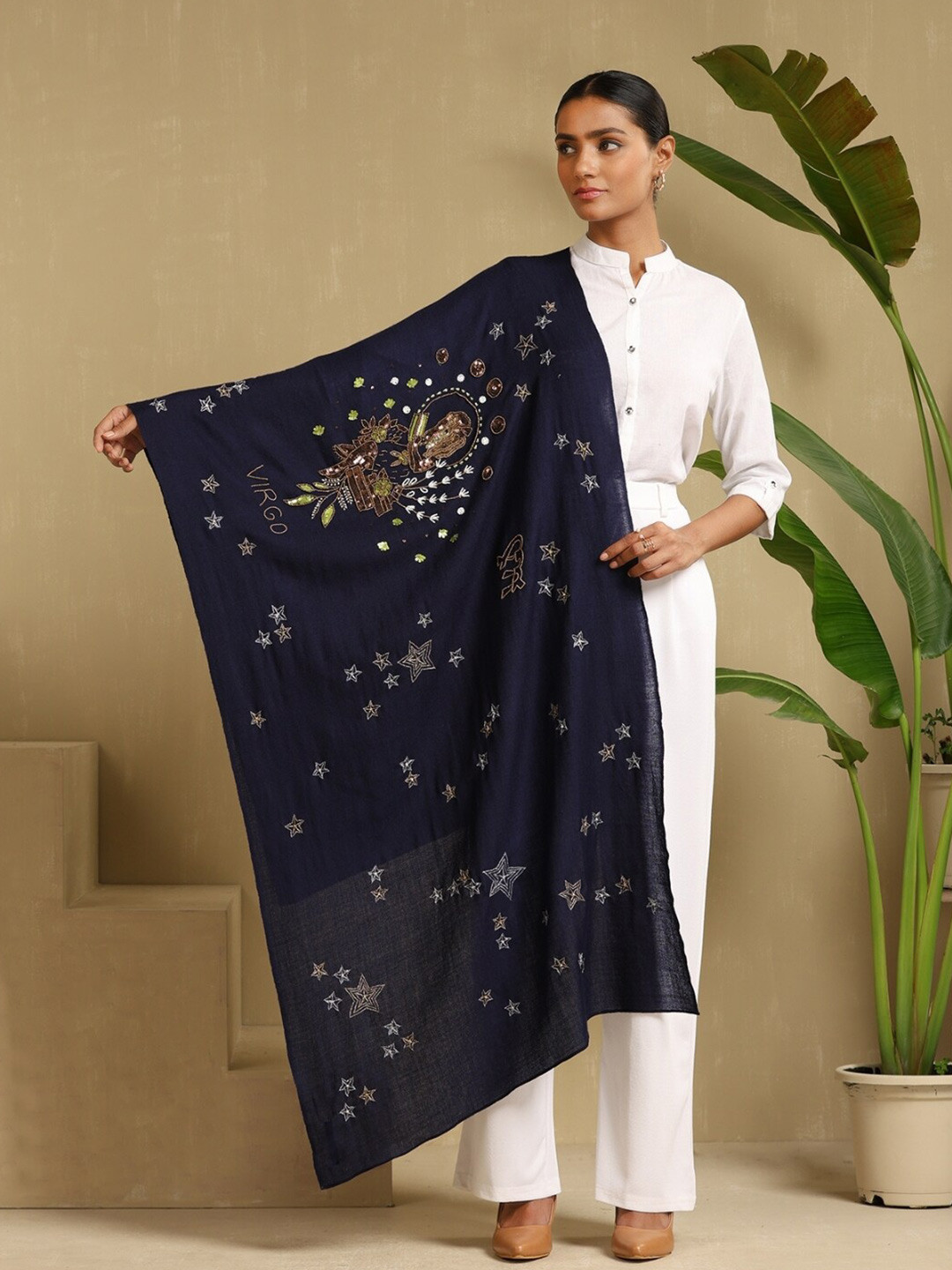 DUSALA INDIA Ethnic Motifs Embroidered Wool Stole