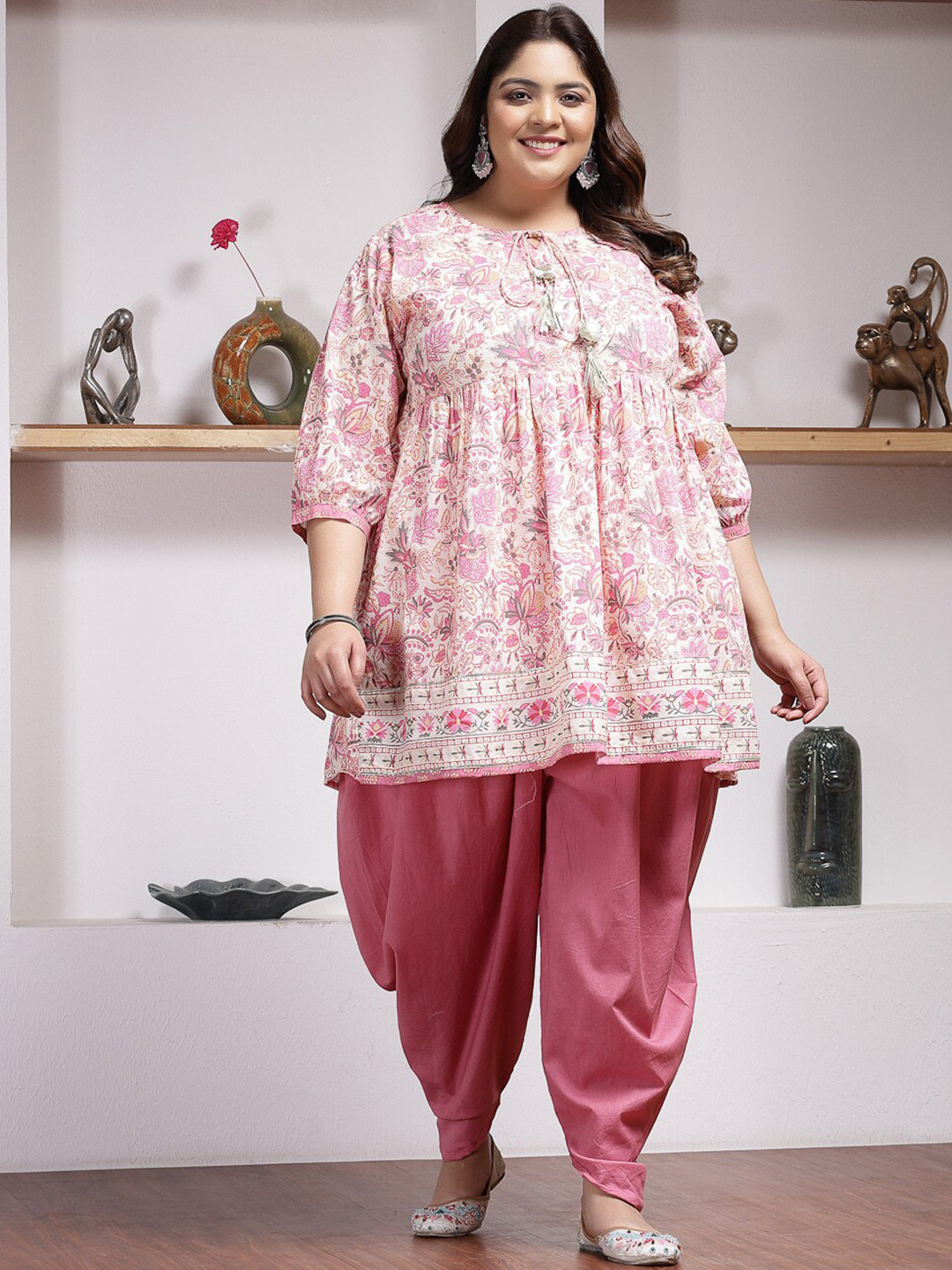 Little More By Stylum Floral Tie-Up Neck Three-Quarter Sleeves Pure Cotton Kurti Set