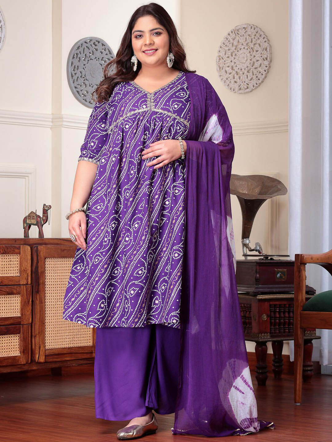 Little More By Stylum Bandhani Printed V-Neck Three-Quarter Sleeves Kurta Set