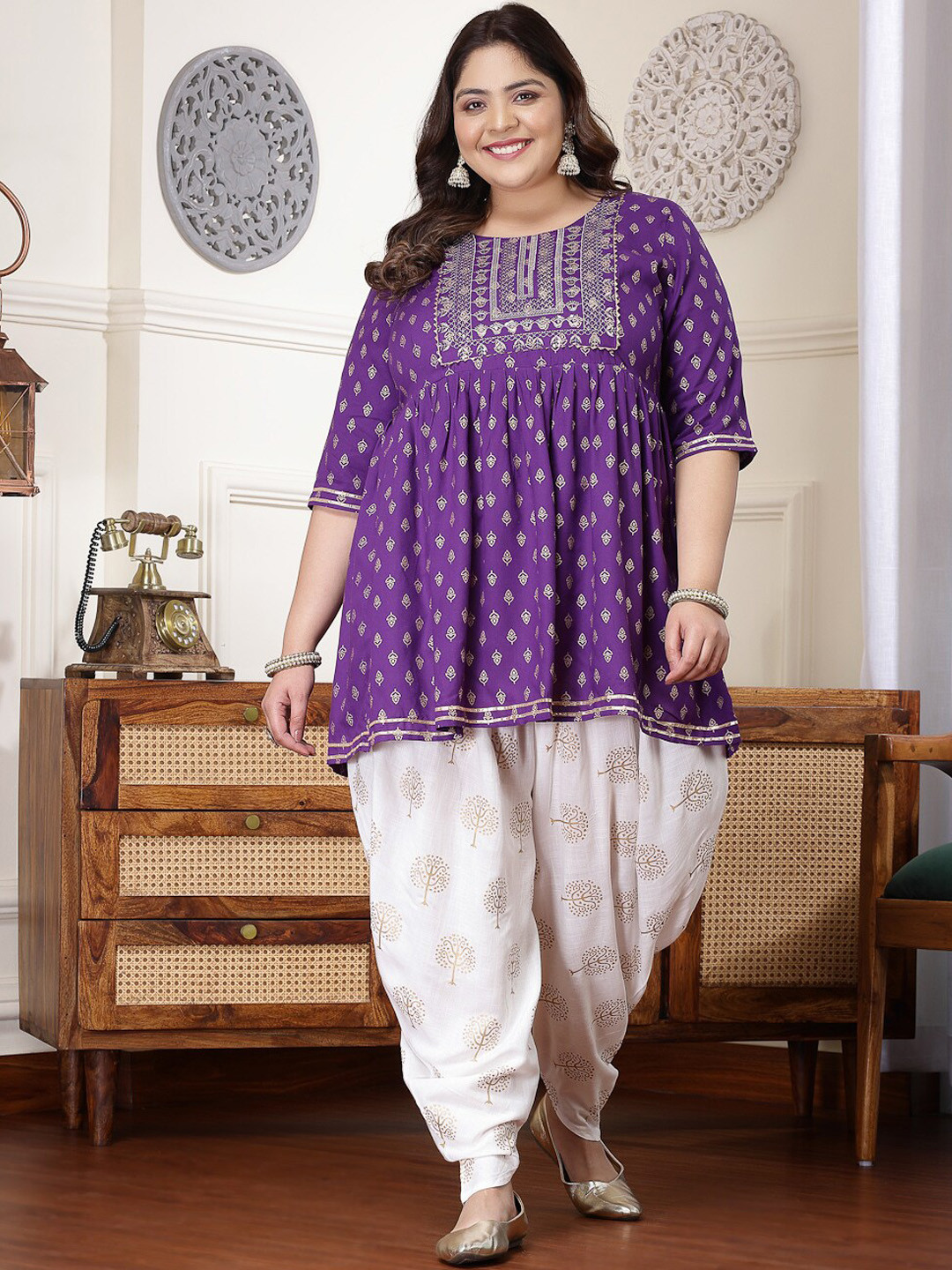 Little More By Stylum Plus Size Ethnic Motifs Empire Gotta Patti Kurti with Dhoti Pants