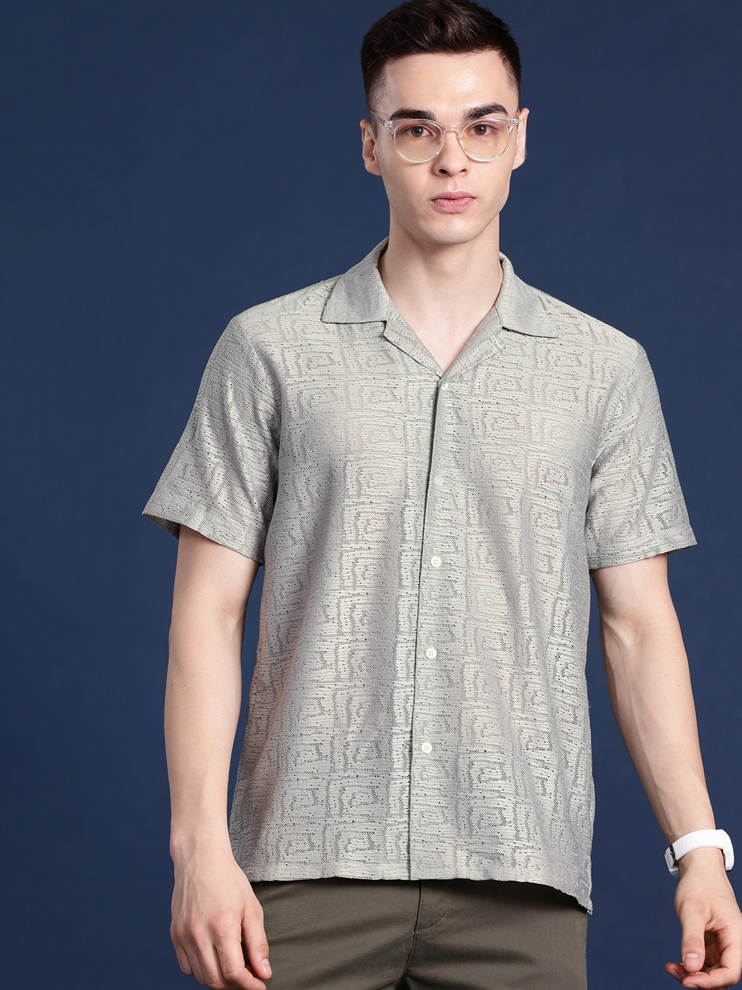 Hancock Men Crocheted Cuban Collar Relaxed Semi Sheer Casual Shirt