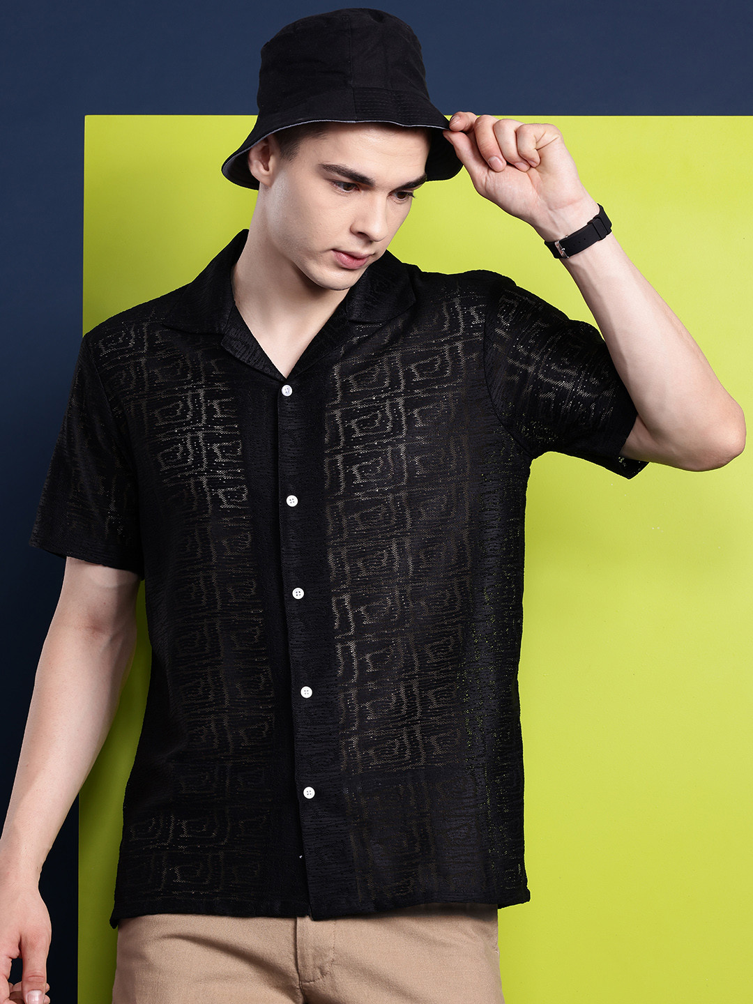 Hancock Men Crocheted Cuban Collar Relaxed Semi Sheer Casual Shirt