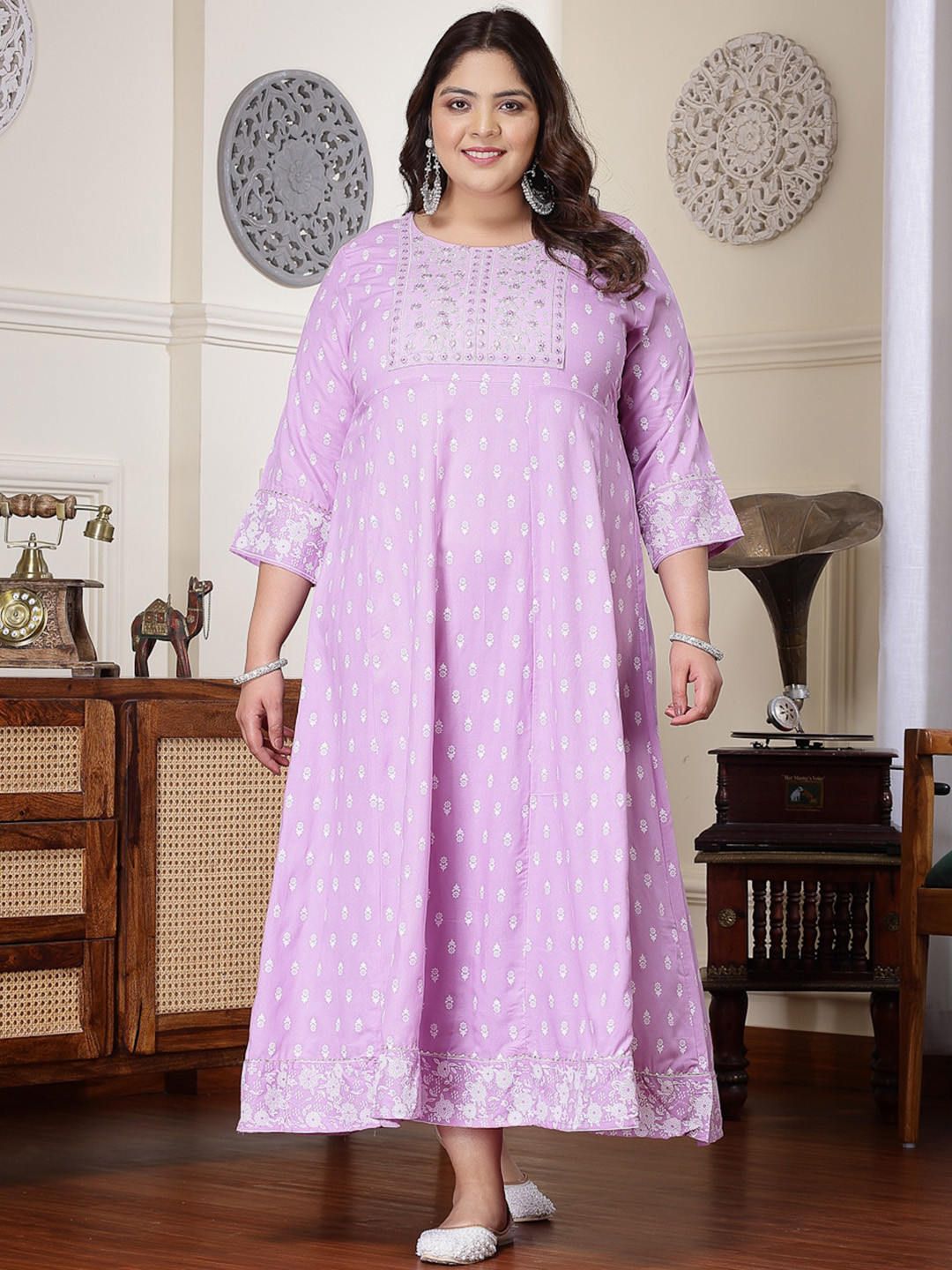 Little More By Stylum Plus Size Ethnic Motifs Embroidered Thread Work Anarkali Kurta