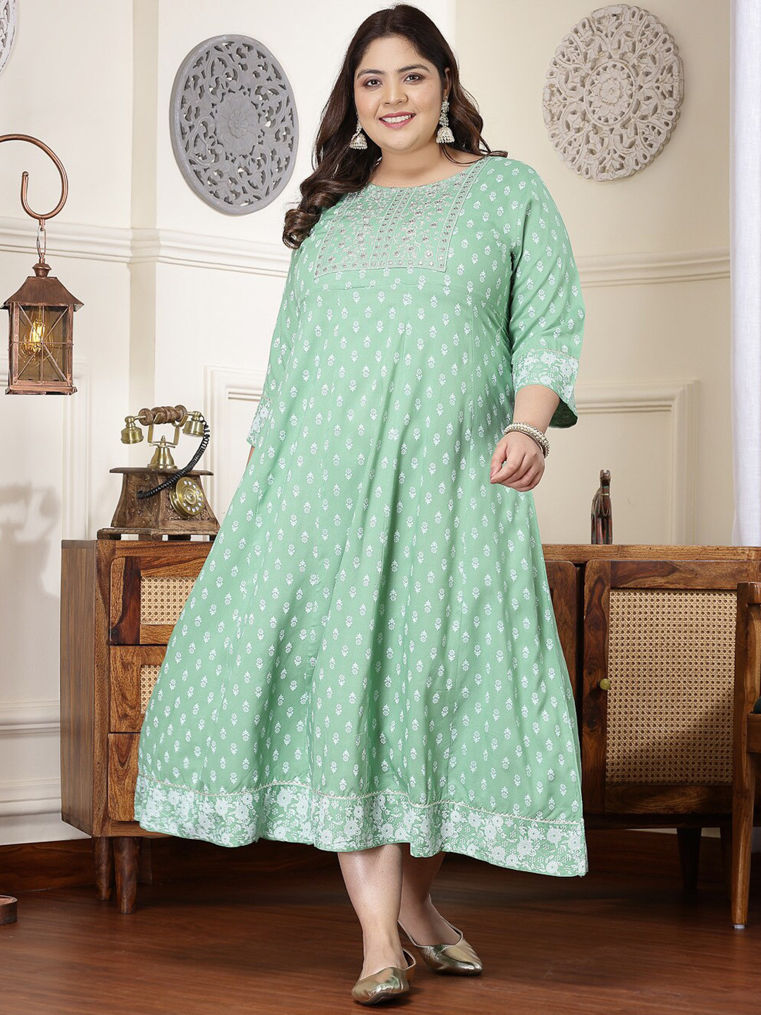 Little More By Stylum Plus Size Ethnic Printed Thread Work Anarkali Kurta