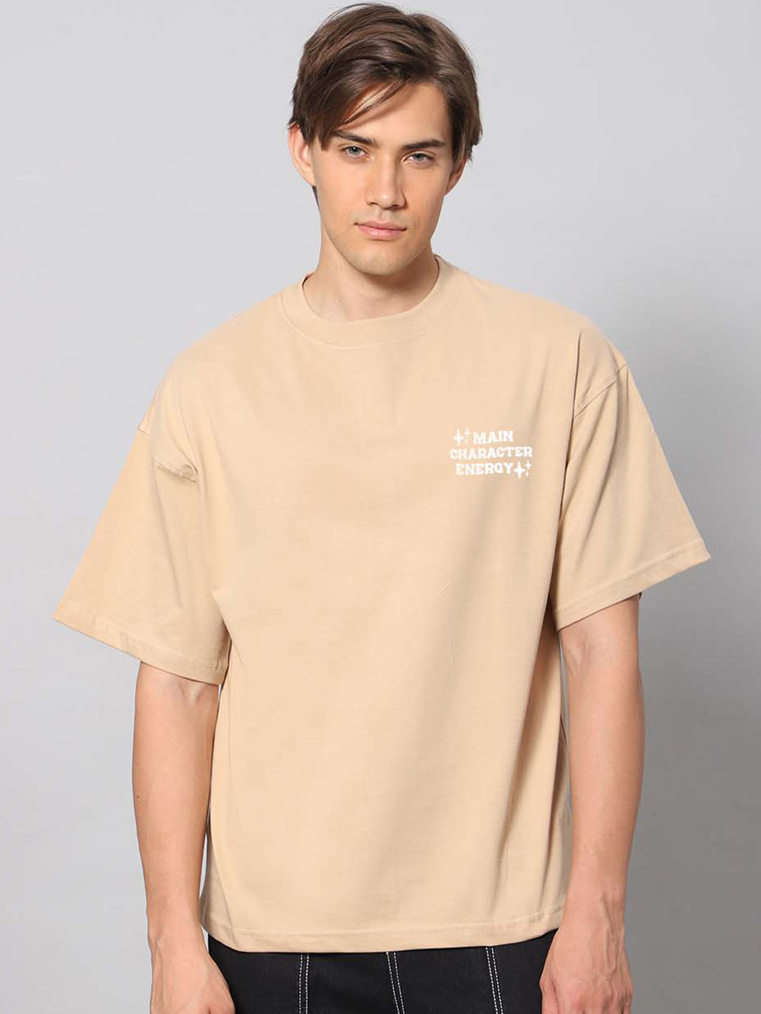 Besick Round Neck Drop-Shoulder Sleeves Cotton Oversized T-shirt