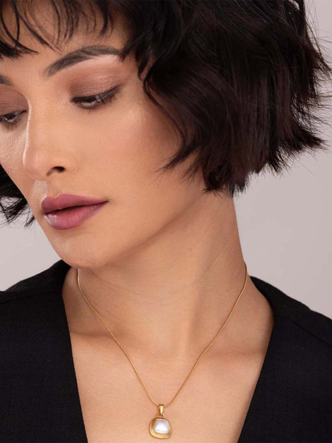 PALMONAS Gold-Plated Cubic Zirconia Stone Pendant With Chain