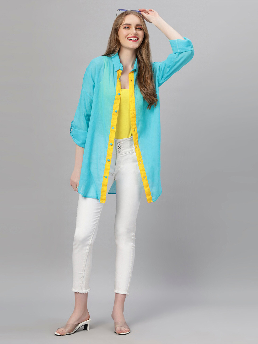Ashtag Relaxed Cotton Spread Collar Roll-Up Sleeves Oversized Semi Sheer Casual Shirt
