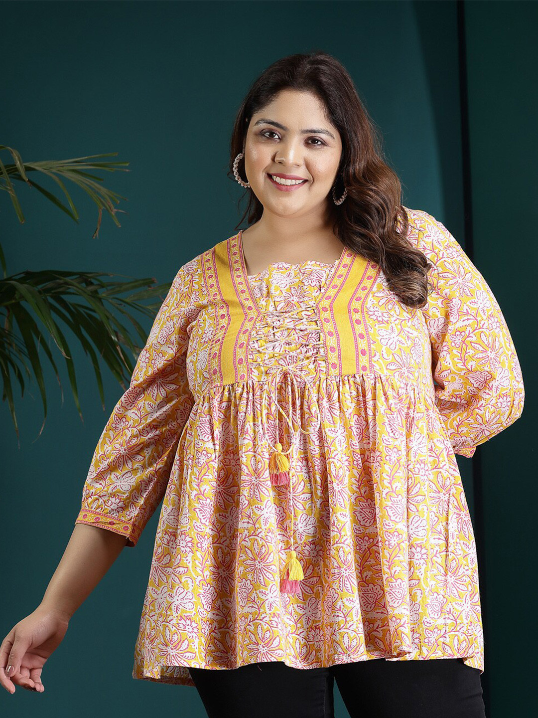 Little More By Stylum Plus Size Floral Printed Pure Cotton Empire Top