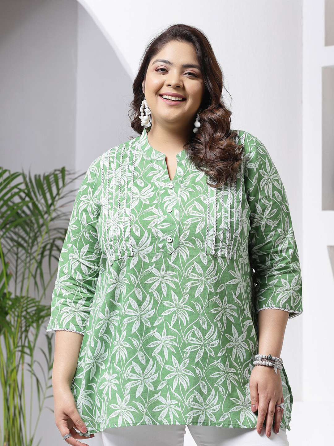 Little More By Stylum Plus Size Tropical Printed Mandarin Collar Pure Cotton A-Line Top