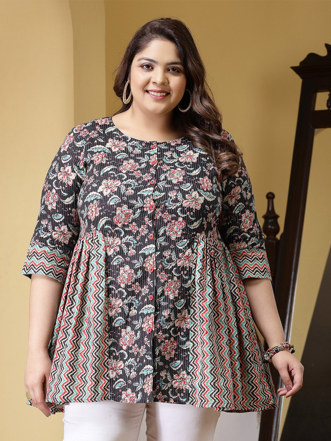 Little More By Stylum Plus Size Floral Printed Pure Cotton A-Line Top