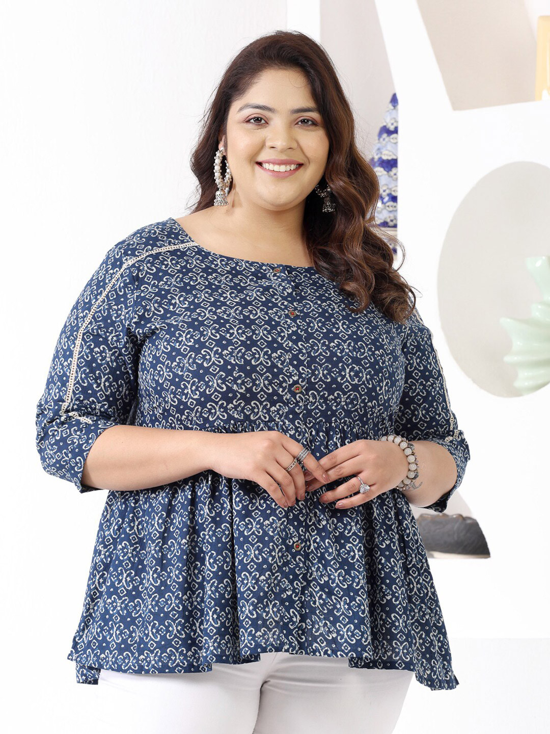 Little More By Stylum Plus Size Ethnic Motifs Printed Pure Cotton A-Line Top