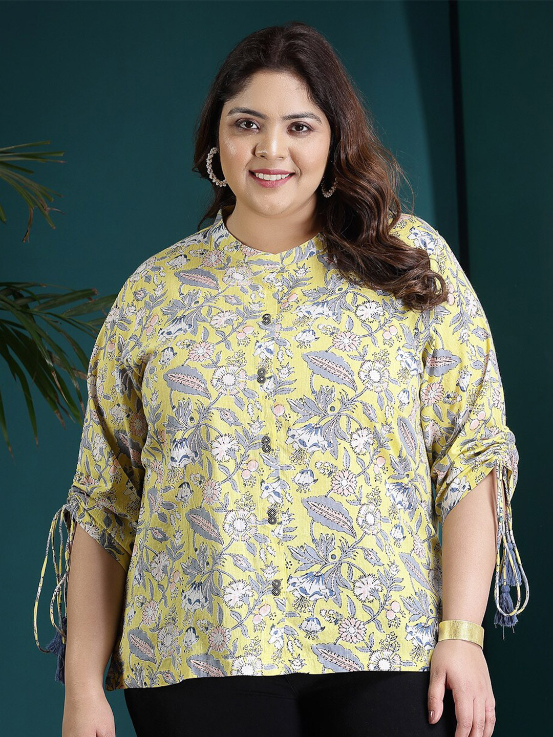 Little More By Stylum Plus Size Floral Printed Mandarin Collar Pure Cotton Top
