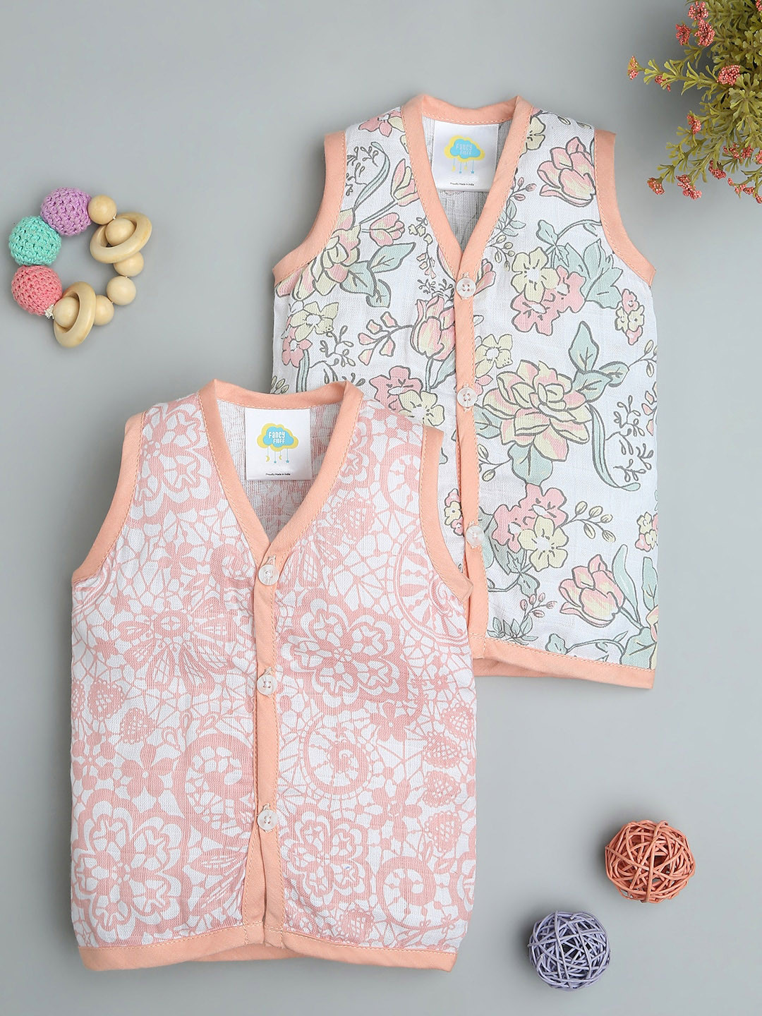 Fancy Fluff Infants Girls Pack Of 2 Bamboo Muslin Printed Jhabla