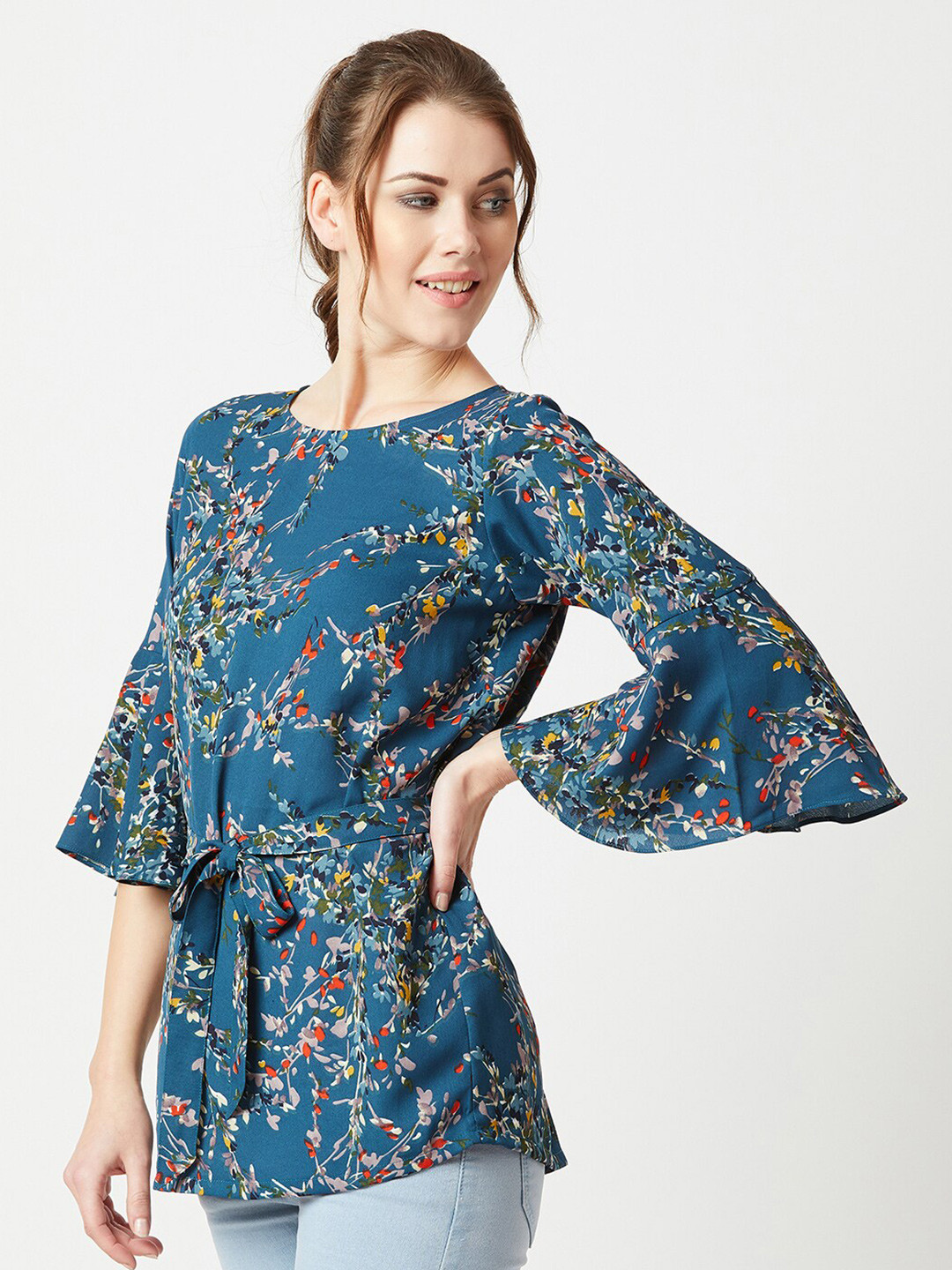 all about you Women's Boat Neck Floral Ruffled Long Belted Tie-Up Top