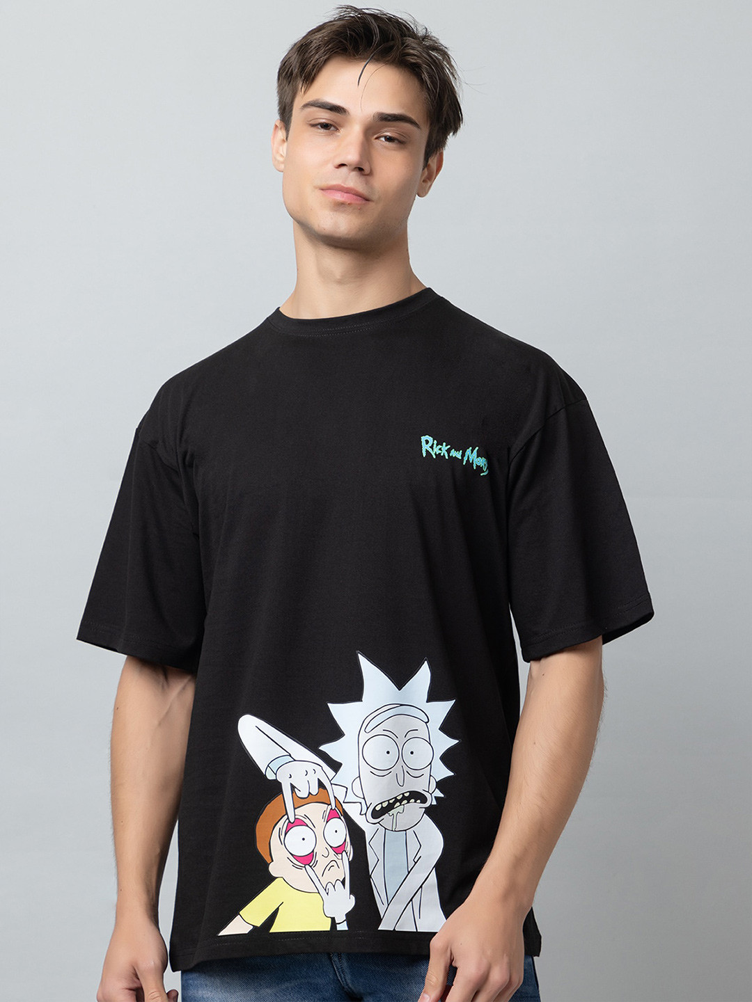 ZEFFIT Rick & Morty Printed Drop Shoulder Sleeves Cotton Oversized Casual T-shirt