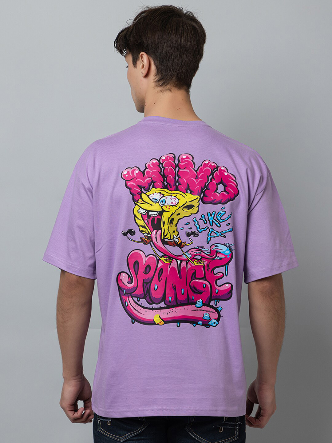 ZEFFIT Spongebob Printed Drop Shoulder Sleeves Cotton Oversized Casual T-shirt