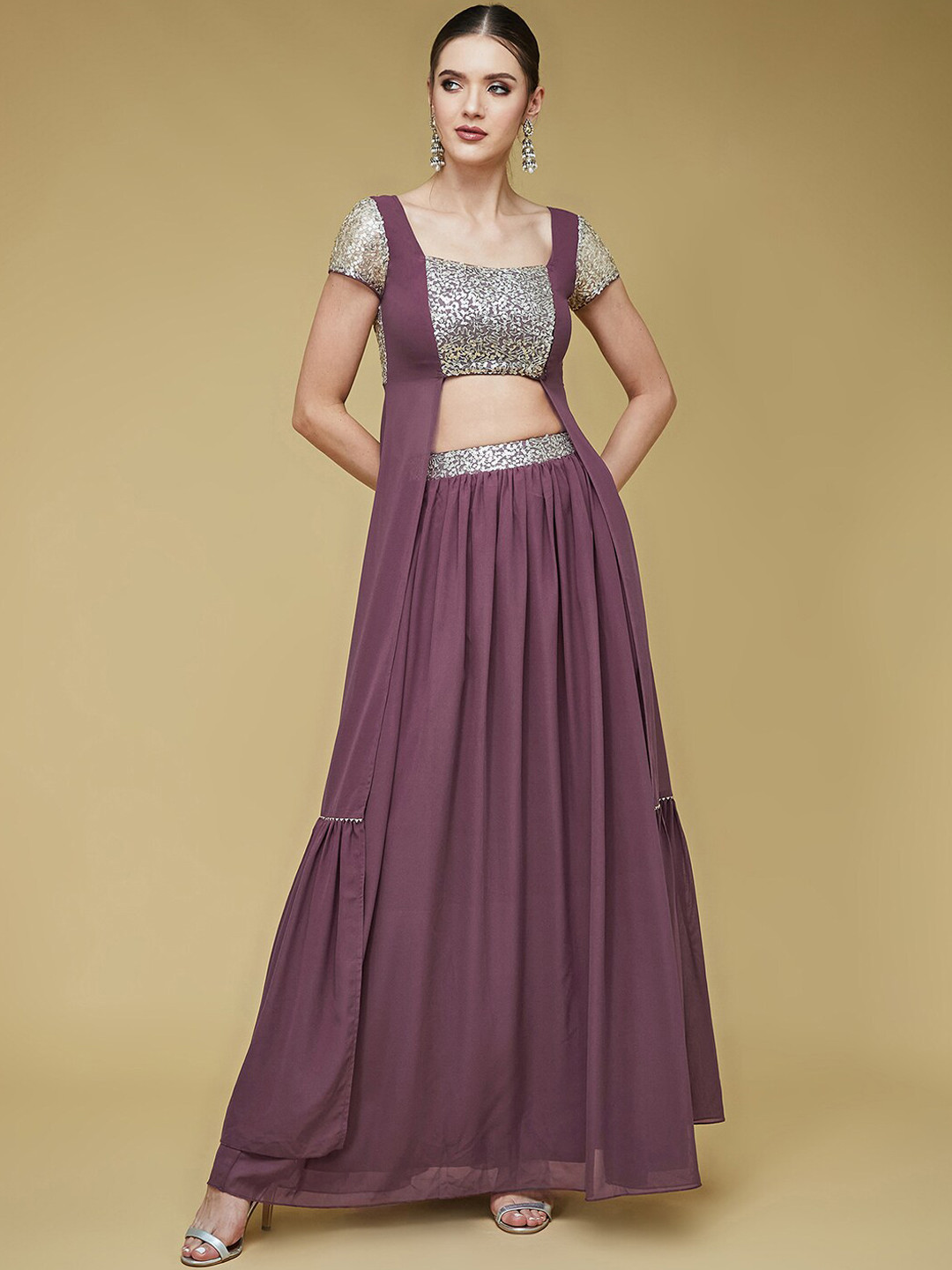 all about you Mauve Embellished Square Neck Crop Top With Skirt