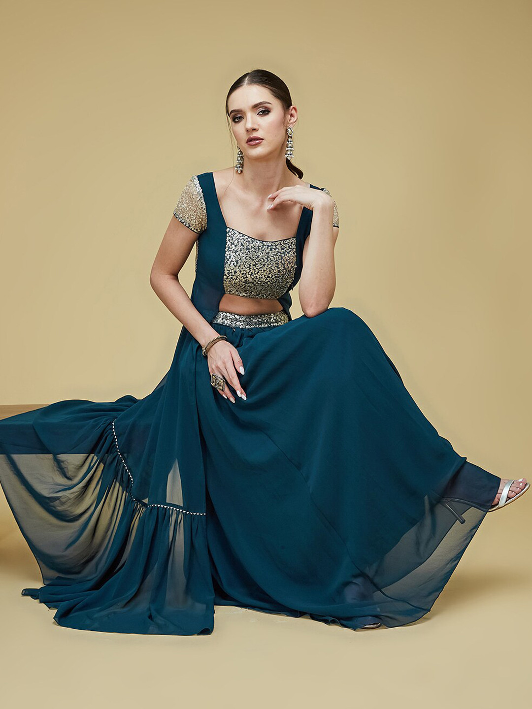 all about you Teal Blue Embellished Square Neck Crop Top With Skirt
