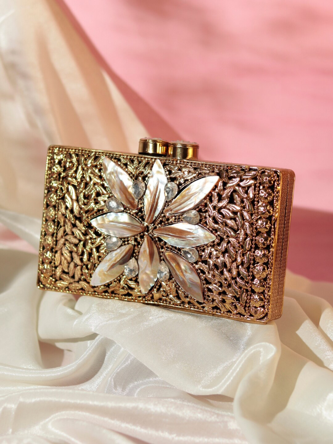 THE TAN CLAN Embellished Mother of Pearl Box Clutch