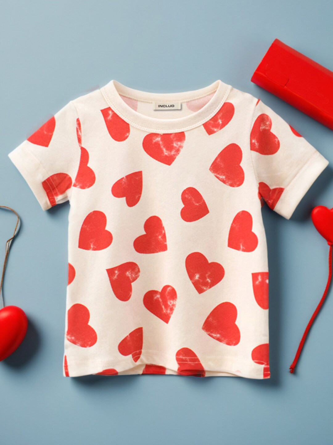 INCLUD Girls Heart Printed Round Neck Short Sleeves T-shirt