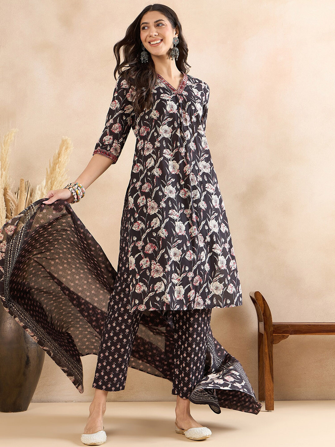 Anouk Black Floral Printed Thread Work Pure Cotton A-Line Kurta with Trousers & Dupatta